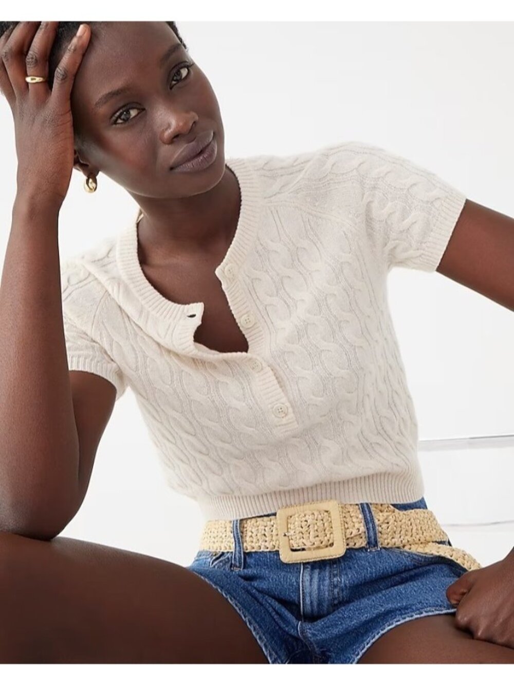 NWT J.Crew Cashmere Cable-knit Henley T-shirt in Heather Natural Sweater XS